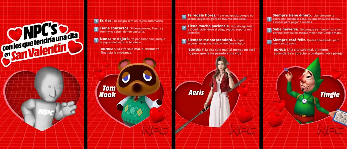 Imagen con NPCs icónicos con los que tendrías una cita en San Valentín, con fondo rojo y corazones decorativos.