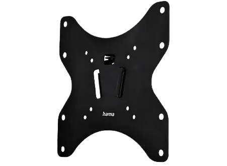 Soporte negro para TV con múltiples orificios para tornillos y ranuras, con la marca "hama" visible en el centro.