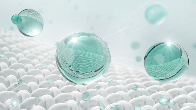 Esferas acuosas sobre tejido, ilustración de limpieza profunda.