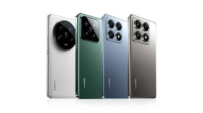 Cuatro teléfonos móviles de la marca Xiaomi, en colores blanco, verde, azul y gris. Los teléfonos tienen múltiples lentes de cámara.
