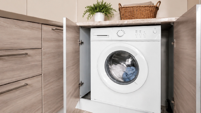Secadora blanca dentro de mueble de cocina en color madera clara encima del mueble hay una planta y una cesta