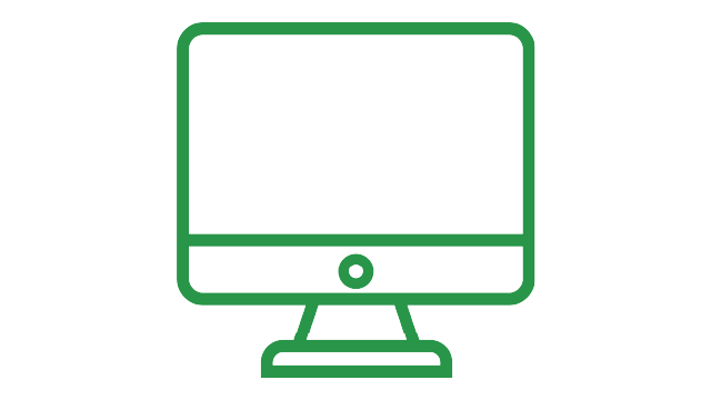 Icono de contorno verde de un monitor de computadora sobre un fondo blanco simple, con un botón redondo.