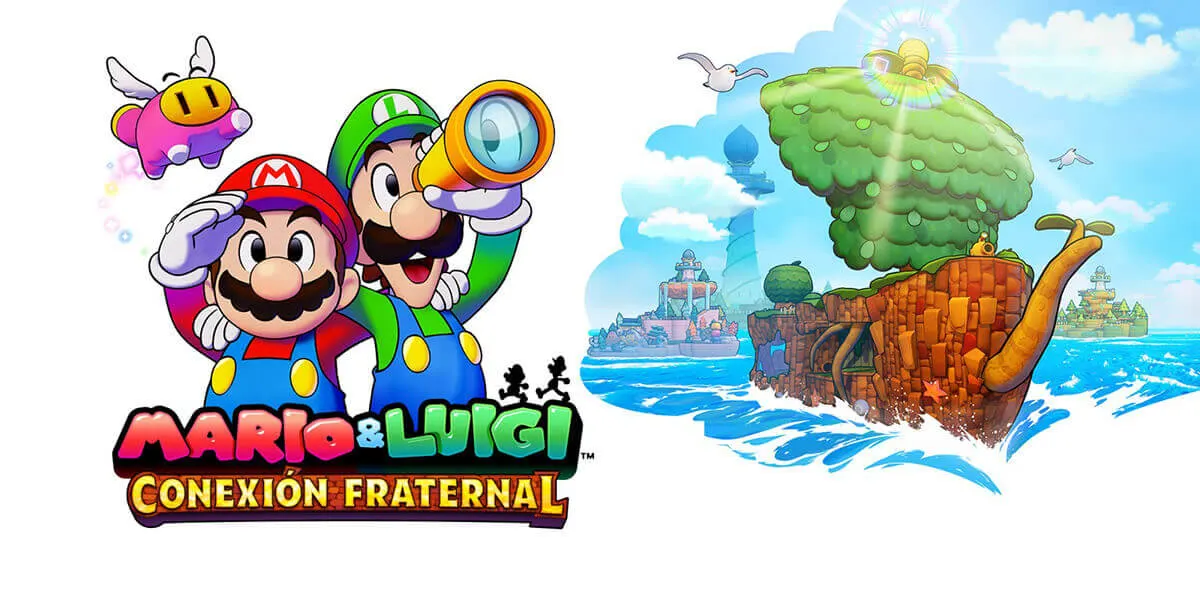 Mario y Luigi miran hacia un paisaje marino con islas flotantes y edificios. Encima de Mario hay una criatura rosa voladora.