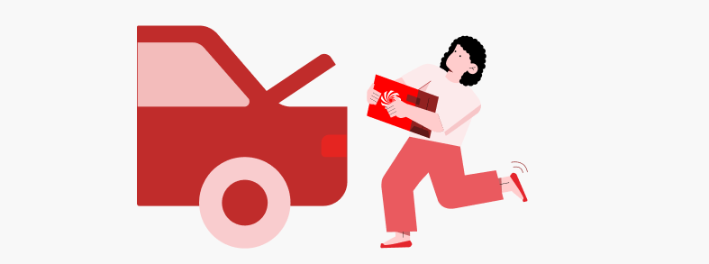 Coche rojo con capó abierto y persona corriendo con caja roja sobre fondo blanco.