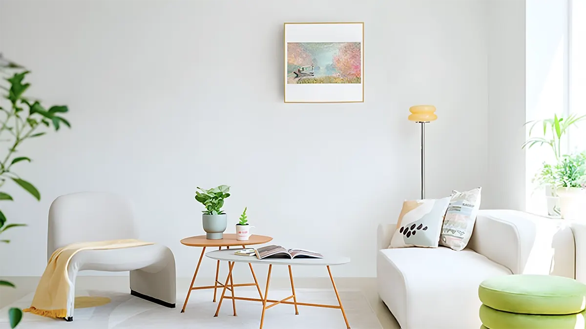 Salón luminoso con sofá blanco, sillón con manta amarilla, mesa doble con plantas y libro, y lámpara de pie amarilla. Cuadro en la pared.