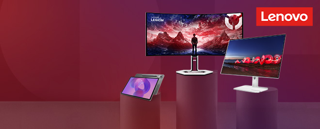 Expositor Lenovo con dos monitores y una tablet sobre pedestales, sobre fondo degradado rojo y morado