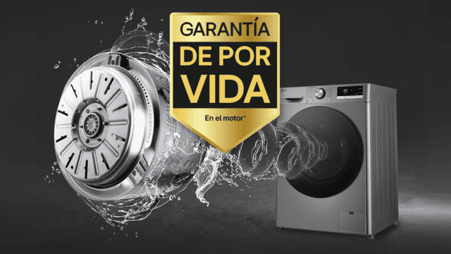 Motor de lavadora LG con agua y sello “Garantía de por vida en el motor”.