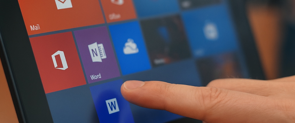 Interfaz de tableta con mosaicos de aplicaciones y texto en español sobre gestión eficiente, todo en tonos rojos.