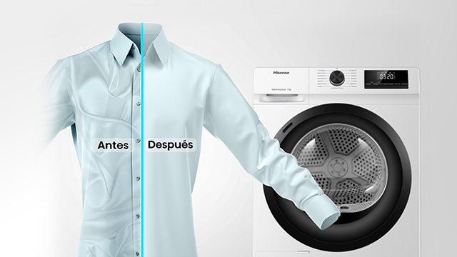 Una camisa con una secadora de fondo donde una parte esta arrugada y la otra no. 