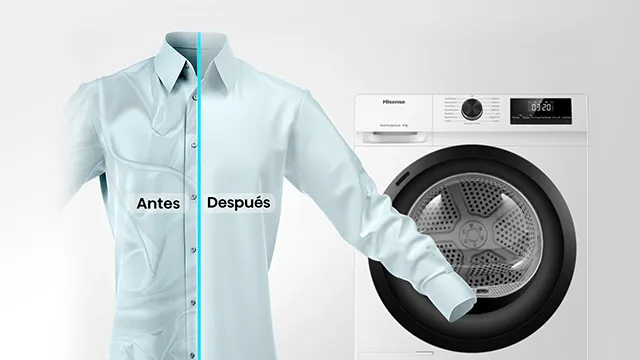 Una camisa con una secadora de fondo donde una parte esta arrugada y la otra no.