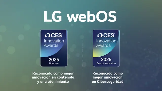 Logotipo de LG webOS sobre dos premios azules CES Innovation Awards 2025, uno por contenido y otro por ciberseguridad.