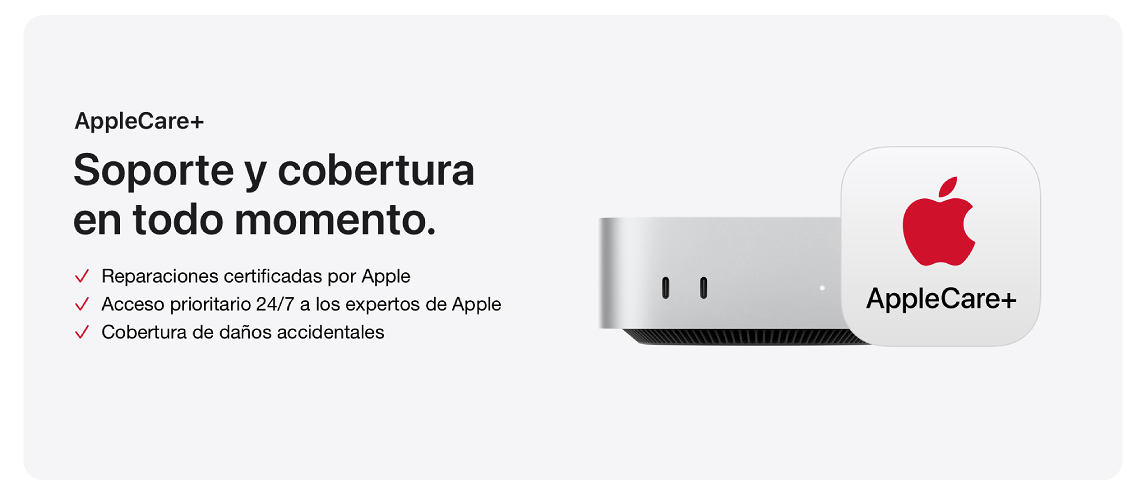 Texto promocional de AppleCare+ con un Mac Studio blanco y logo rojo de Apple sobre un fondo blanco.