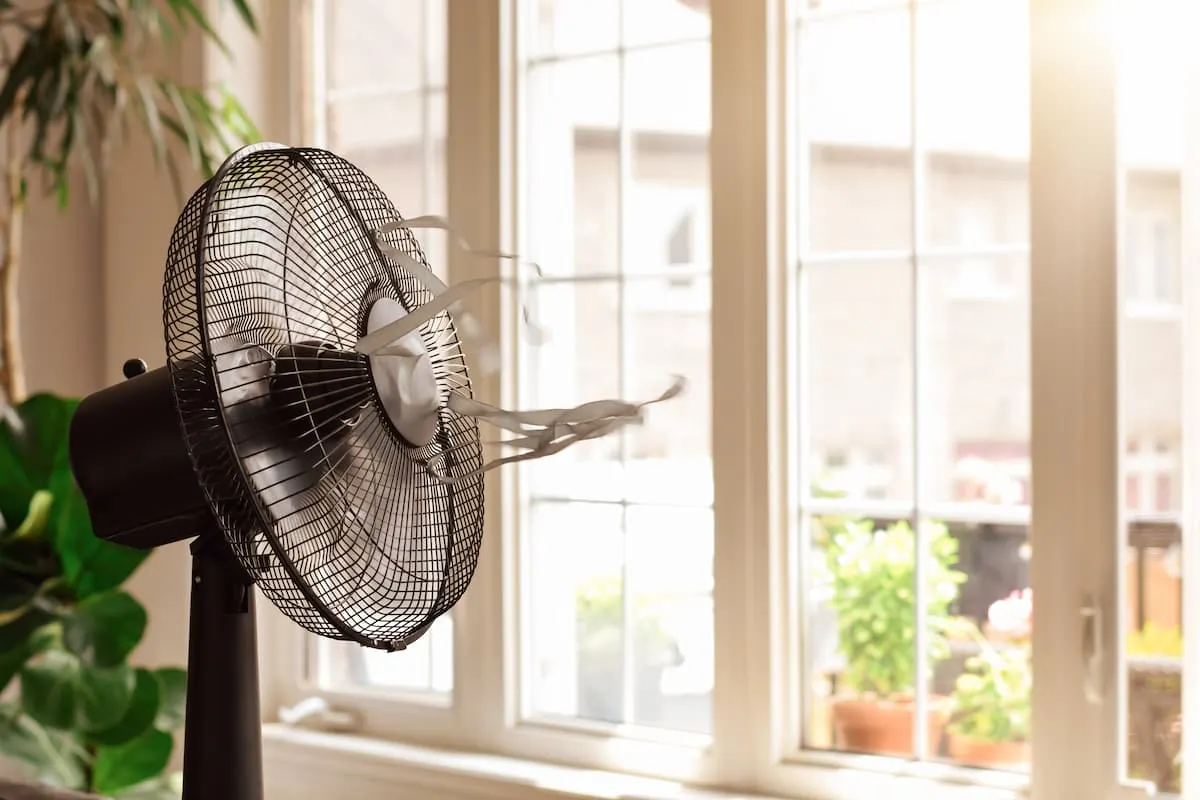 Ventilador de pie en funcionamiento junto a una ventana luminosa en interior doméstico.
