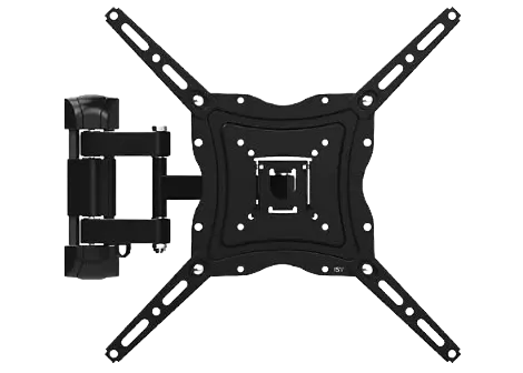 Soporte de pared negro para TV con brazo articulado y forma de cruz. Tiene orificios para montaje y diseño funcional.