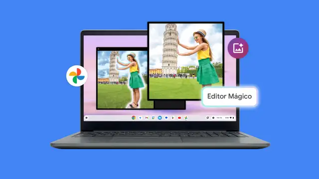 Un portátil muestra fotos de una persona junto a la Torre de Pisa. Un letrero dice "Editor Mágico". Hay iconos de edición.