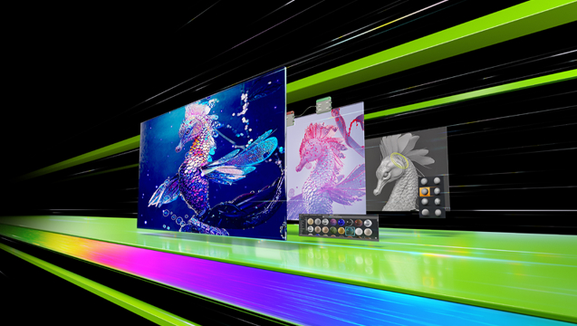 Tres pantallas con peces y un caballito de mar están en una superficie verde con un control remoto. El fondo es negro y verde.