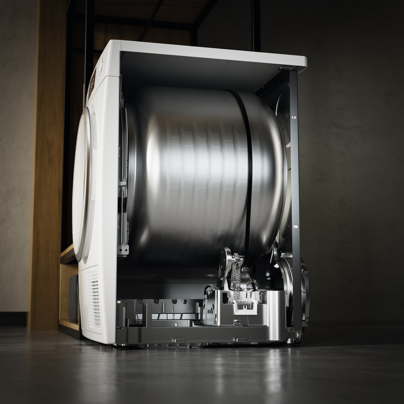 Vista interior de una secadora blanca con tambor metálico y componentes mecánicos visibles sobre un suelo brillante.