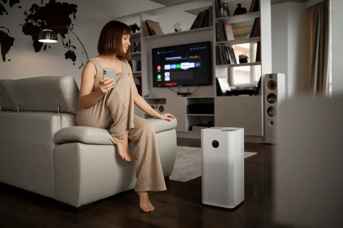 Mujer sentada en sofá claro con móvil. Fondo: TV, estantería con libros, lámpara y mapa mundial decorativo. Purificador de aire blanco en suelo.