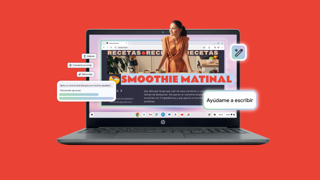 Un portátil gris muestra una página web de recetas con una mujer. Hay ventanas emergentes flotando a la izquierda y a la derecha. Fondo rojo.