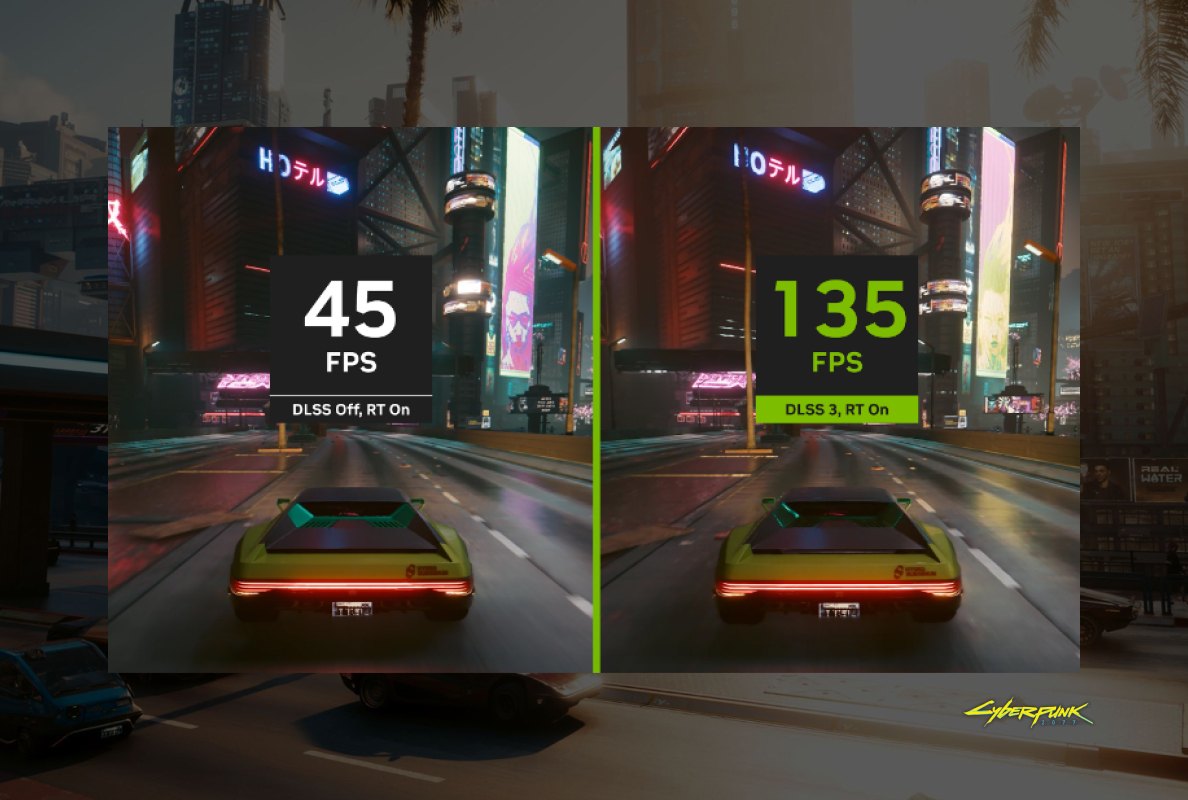 Comparación de rendimiento en Cyberpunk: un coche amarillo en una calle urbana, mostrando 45 FPS a la izquierda y 135 FPS a la derecha.