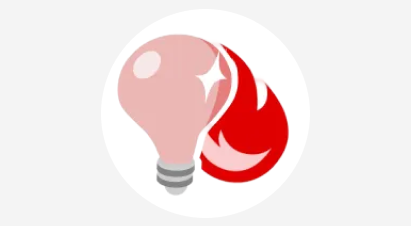 Bombilla rosa con base gris, acompañada de una llama roja en el lado derecho, sobre un fondo blanco.