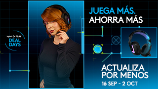 Mujer con auriculares frente a un fondo azul tecnológico. El anuncio incluye los textos «JUEGA MÁS. AHORRA MÁS», «ACTUALIZA POR MENOS» y «16 SEP – 2 OCT», además de imágenes de unos auriculares y referencias a ofertas de «DEAL DAYS».