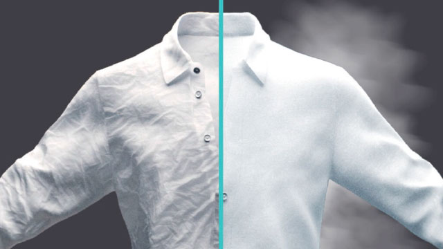 Camisa blanca mitad arrugada y mitad lisa, efecto antiarrugas.