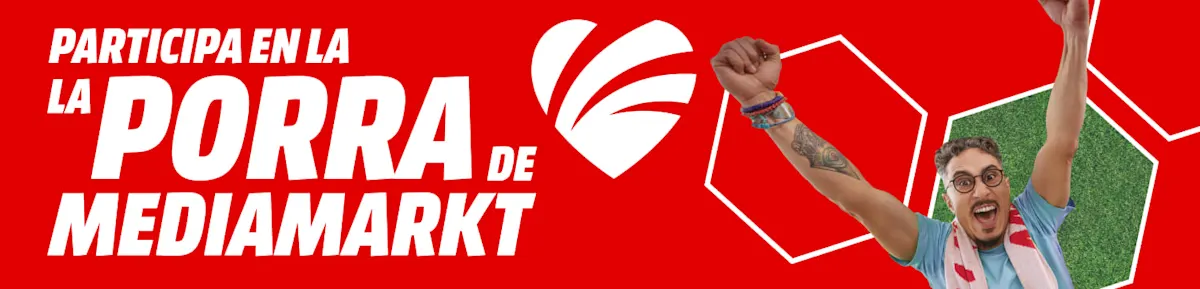 Banner de la porra del Mundial 2026 de MediaMarkt con aficionado celebrando