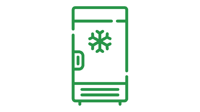 Un icono verde de un refrigerador muestra una manija, un copo de nieve y una rejilla inferior.