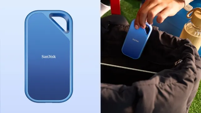 una persona guardando en un bolso el disco ssd sandisk creator pro practico y resistente