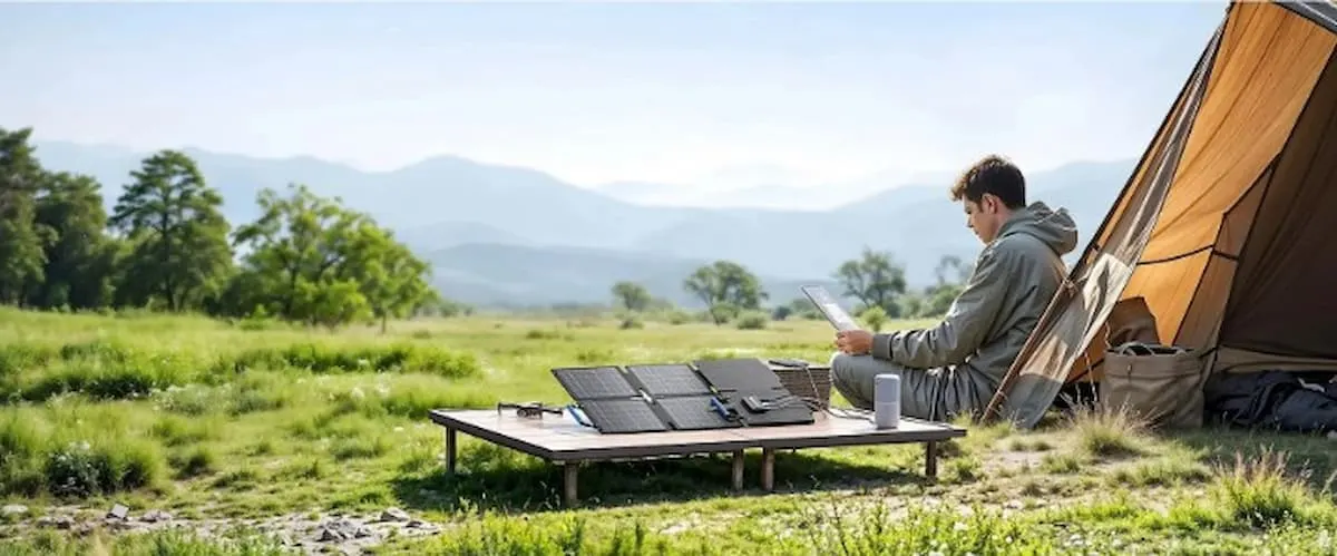 Persona trabajando con portátil junto a una tienda de campaña y paneles solares en plena naturaleza.