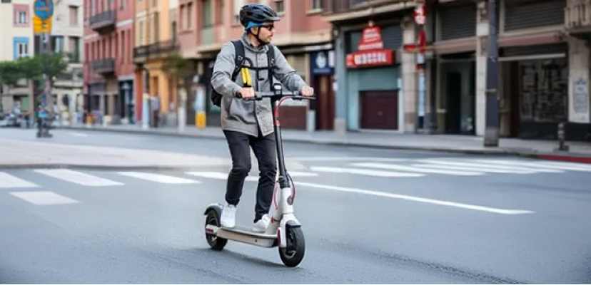 Hombre con un patinete electrico circulando por la ciudad