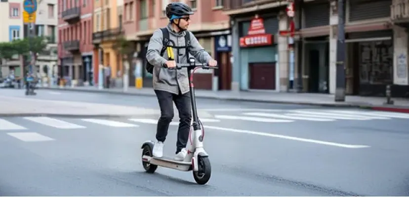 Hombre con un patinete electrico circulando por la ciudad