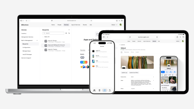 Pantallas de laptop, tablet y móvil mostrando una plataforma de gestión empresarial con panel de dispositivos, apps y configuraciones en interfaz clara.