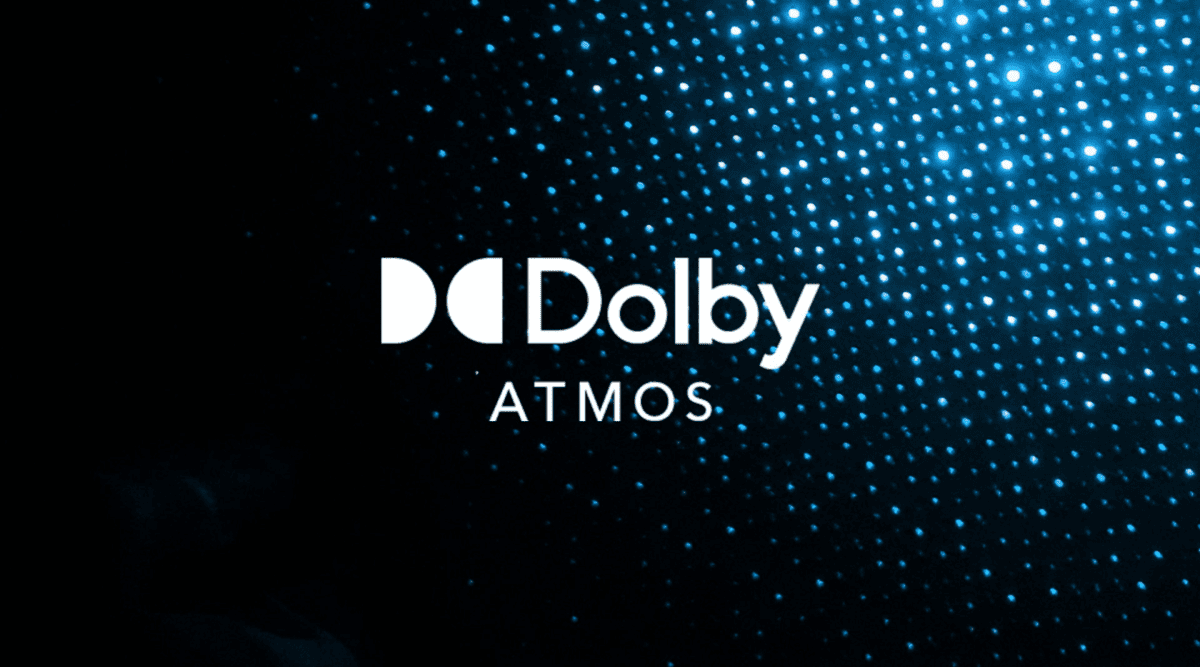 Logo de Dolby Atmos en blanco, sobre un fondo negro con puntos azules brillantes.