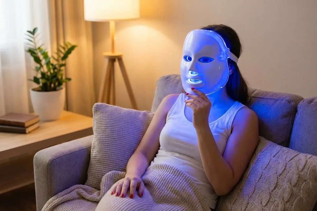 Mujer relajada en el sofá usando una máscara facial LED azul.
