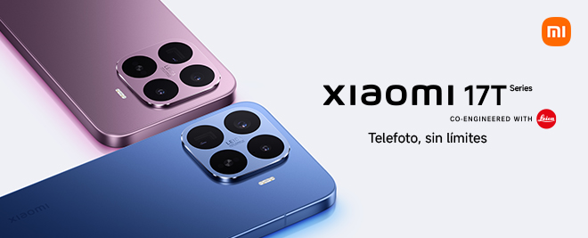 Dos smartphones Xiaomi 17T en colores morado y azul, vistos desde la parte trasera, con enfoque en el módulo de cámaras y texto promocional sobre telefoto y colaboración con Leica.