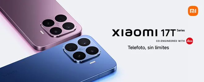 Dos smartphones Xiaomi 17T en colores morado y azul, vistos desde la parte trasera, con enfoque en el módulo de cámaras y texto promocional sobre telefoto y colaboración con Leica.