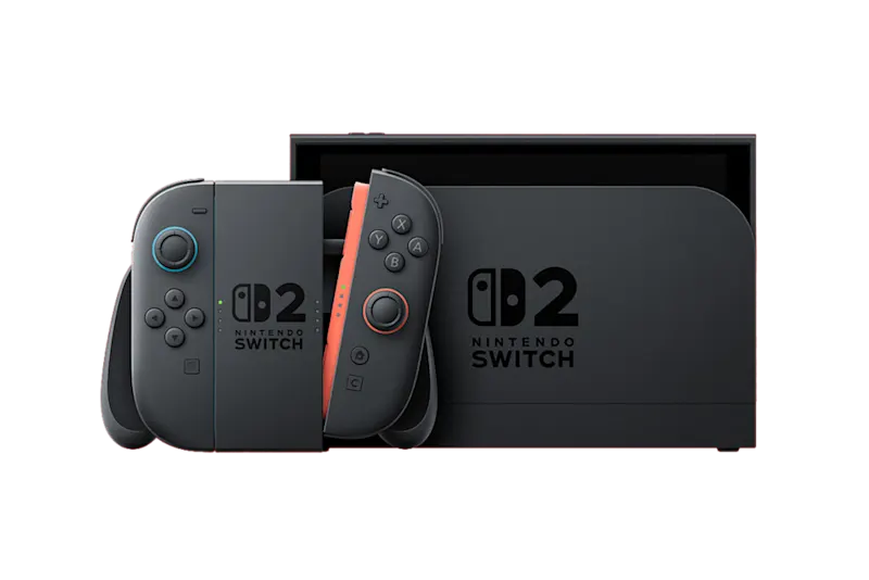 Consola Nintendo Switch OLED con dos mandos Joy-Con, uno gris y otro con detalles naranjas. La consola es negra.