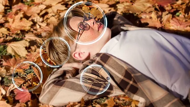 Persona recostada sobre hojas otoñales, con gafas y ropa de abrigo, disfruta relajado el paisaje de otoño