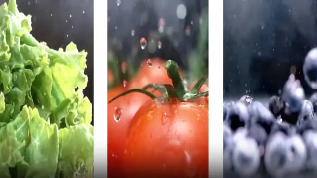 Primer plano de lechuga, tomate y arándanos con gotas de agua.
