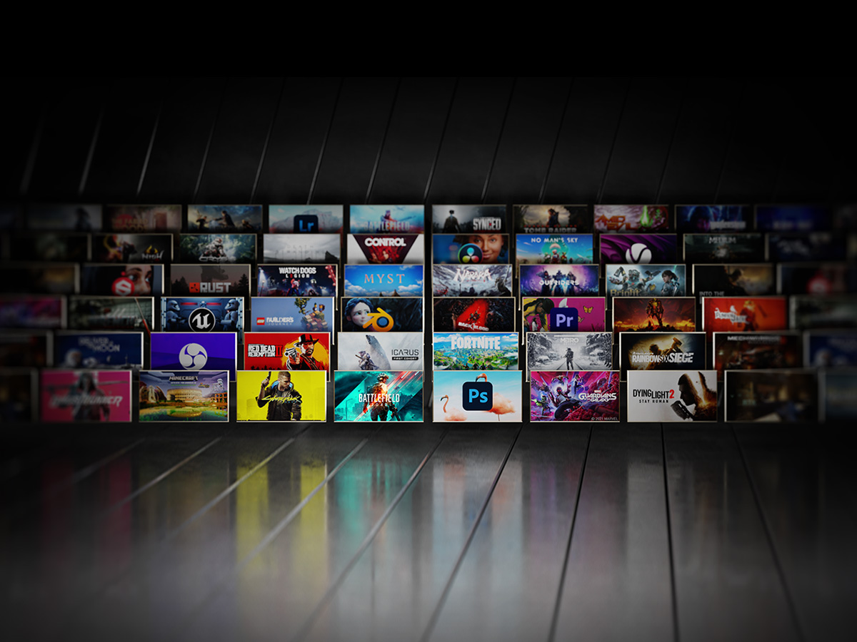 Estantería de videojuegos con carátulas de juegos como Fortnite, Battlefield y Dying Light 2 sobre un suelo reflectante.
