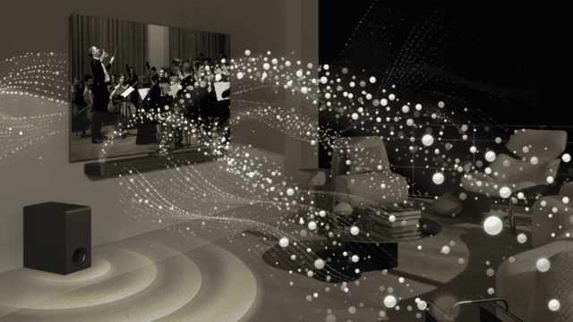 Sala con sofás y televisión que muestra una orquesta, un altavoz emite ondas sonoras.