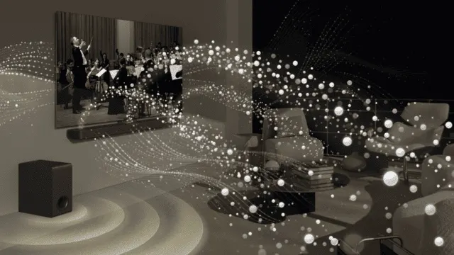 Sala con sofás y televisión que muestra una orquesta, un altavoz emite ondas sonoras.