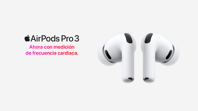 Promo de AirPods Pro 3: dos auriculares blancos sobre fondo claro con el texto “Ahora con medición de frecuencia cardiaca”.