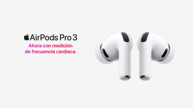 Promo de AirPods Pro 3: dos auriculares blancos sobre fondo claro con el texto “Ahora con medición de frecuencia cardiaca”.