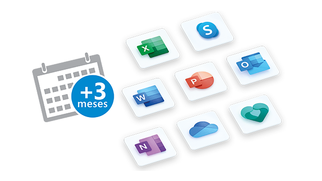 Calendario gris con "+3 meses" en azul, junto a iconos de aplicaciones de Microsoft sobre fondos cuadrados blancos.