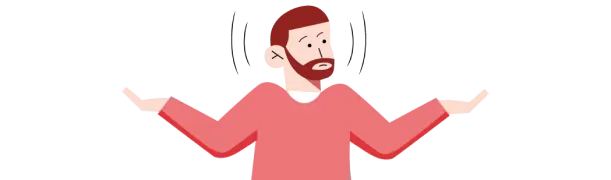 Un hombre barbudo con una camiseta rosa extiende las manos con una expresión de confusión y líneas onduladas sobre su cabeza.