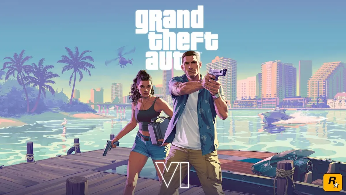 Portada oficial de GTA VI con los protagonistas Jason y Lucía armados frente a Vice City