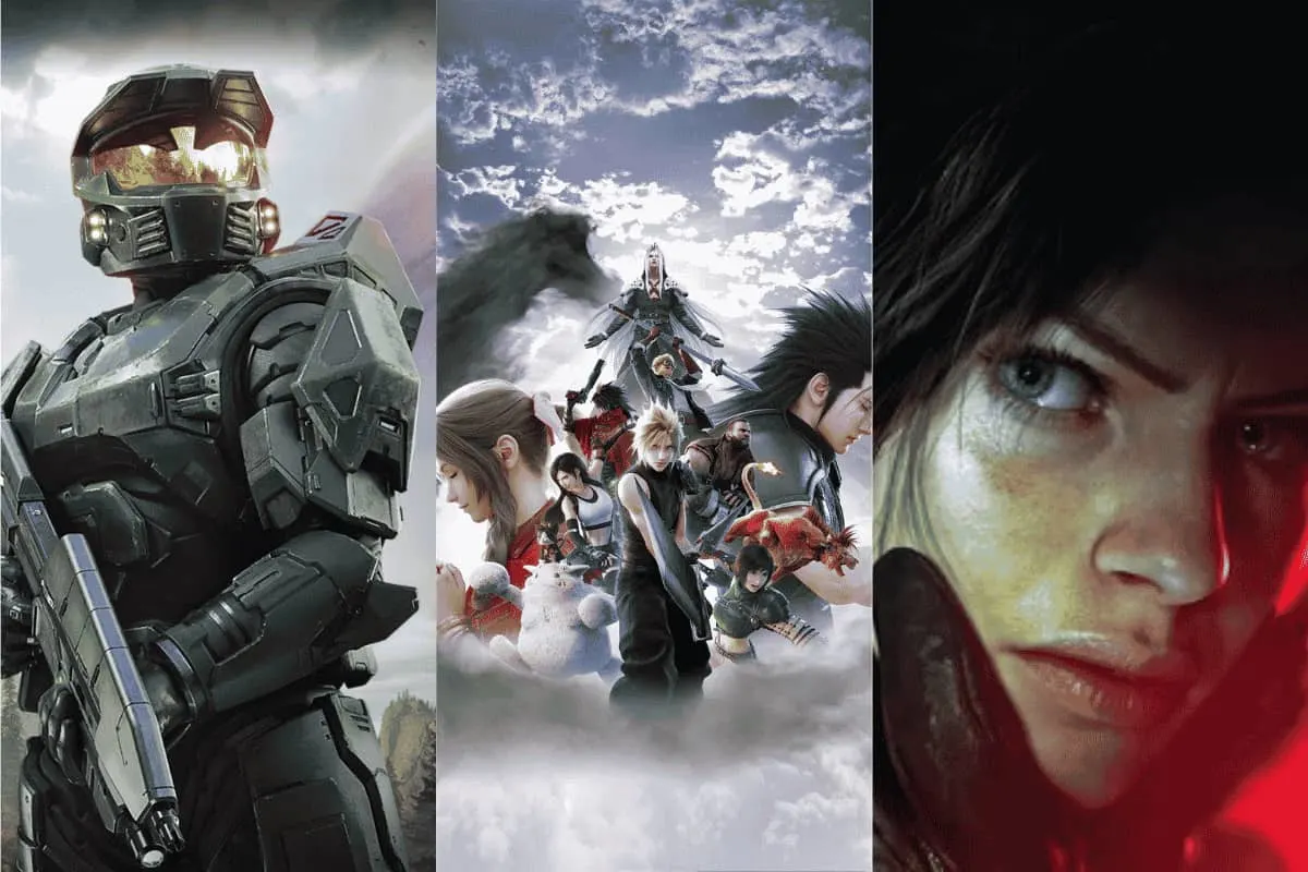 Collage con arte oficial de tres videojuegos: Halo, Final Fantasy VII y Alan Wake